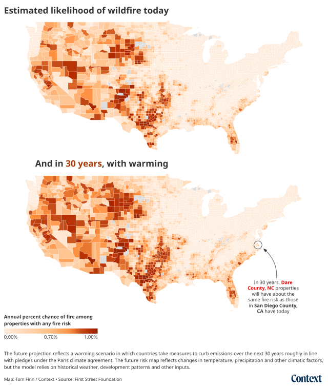 A graphic showing estimated likelihood of a wildfire today across the United States versus 30 years in the future. The future projection reflects a warming scenario in which countries take measures to curb emissions over the next 30 years roughly in line with pledges under the Paris climate agreement. The future risk map reflects changes in temperature, precipitation and other climatic factors, but the model relies on historical weather, development patterns and other inputs. Thomson Reuters Foundation/Tom Finn