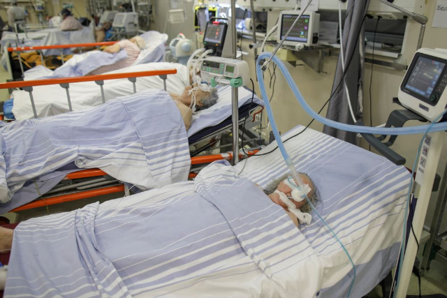 Intubated COVID-19 patients are seen in a crowded COVID-19 ICU ward at Bucharest's University Hospital, in Bucharest, Romania, October 29, 2021. Inquam Photos/Octav Ganea via REUTERS
