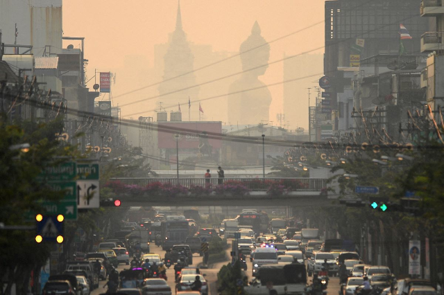 The giant Buddha statue of Wat Paknam Phasi Charoen temple is seen amid air pollution in Bangkok, Thailand, February 2, 2023