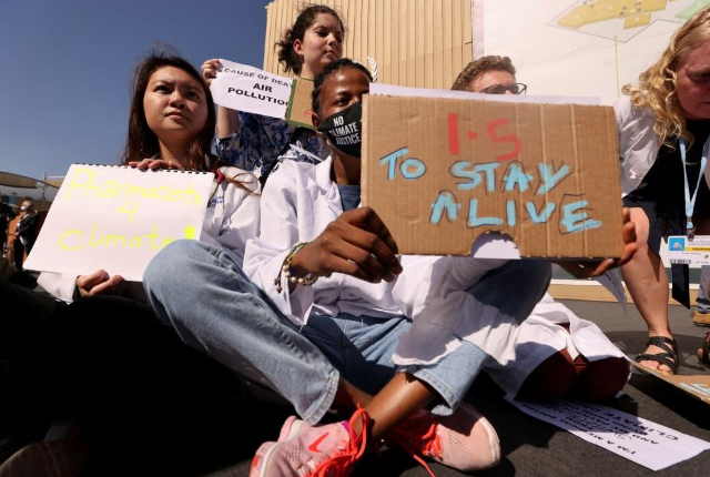 Activists protest at the Sharm El-Sheikh International Convention Centre, during the COP27 climate summit, in Sharm el-Sheikh, Egypt,
November 11, 2022