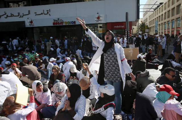 A woman gestures while attending a demonstration organized by trainee teachers over stipends and job security, in Casablanca, Morocco March 20, 2016. REUTERS/Youssef Boudlal