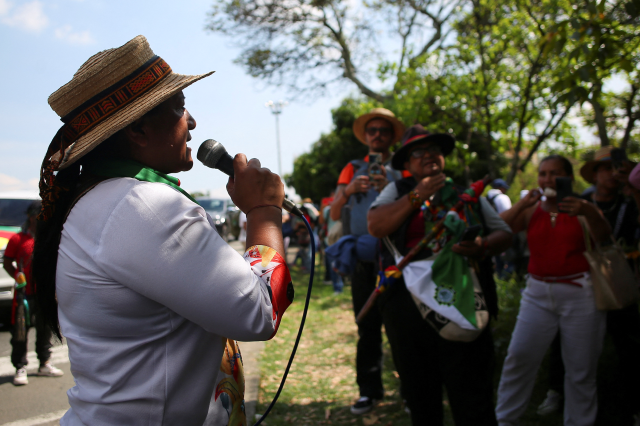 Colombian indigenous people demonstrate to demand that their rights be respected by the participating parties of the 16th United Nations Biodiversity Summit (COP16), in Cali, Colombia, October 21, 2024. REUTERS/Juan David Duque