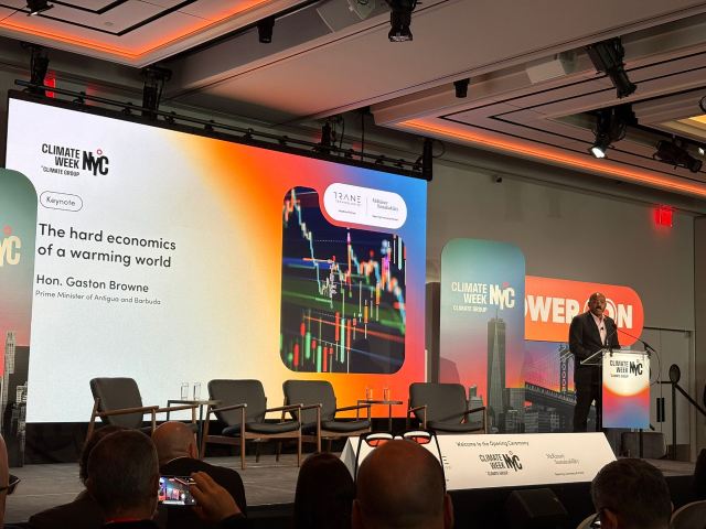 Gaston Browne, the Prime Minister of Antigua and Barbuda, speaks at Climate Week NYC in New York, U.S., 
September 22, 2025. Thomson Reuters Foundation/Jack Graham
