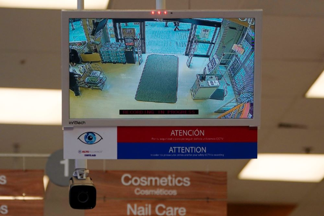 A facial recognition camera is shown pointed at the entrance of a Rite Aid store in downtown Los Angeles, California, U.S., October 16, 2019