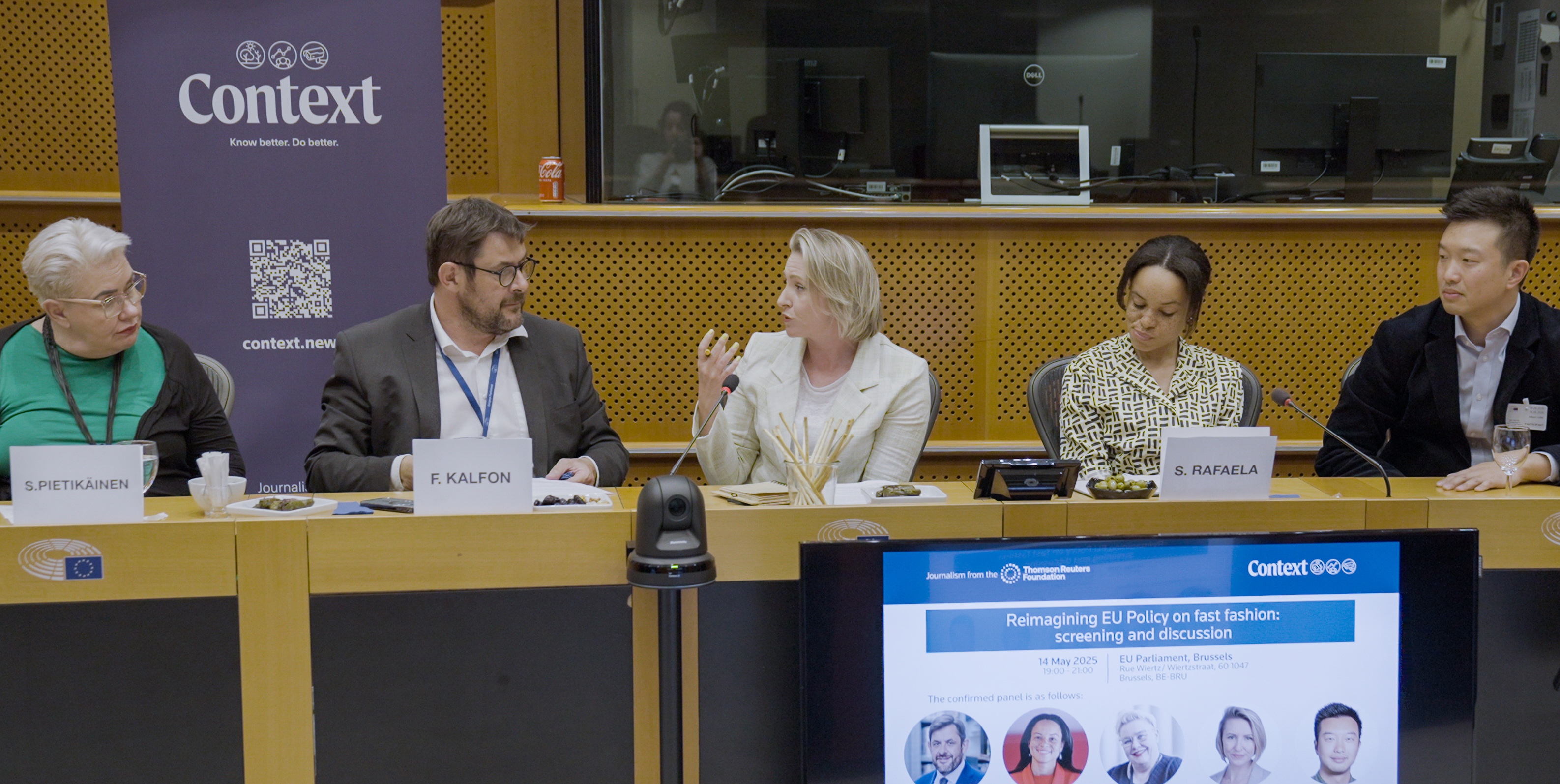 MEPs Sirpa Pietikäinen, François Kalfon and former MEP Samira Rafaela discuss fast fashion at the EU Parliament in Brussels, May 14, 2025. Argyro Christina Partsakoulaki/Thomson Reuters Foundation