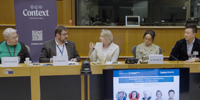 MEPs Sirpa Pietikäinen, François Kalfon and former MEP Samira Rafaela discuss fast fashion at the EU Parliament in Brussels, May 14, 2025. Argyro Christina Partsakoulaki/Thomson Reuters Foundation