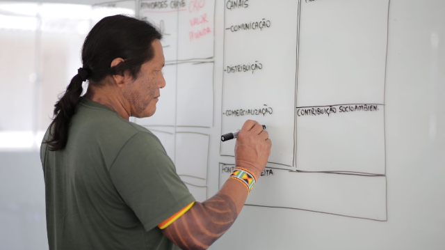 An indigenous man participates in a modeling exercise run by Brazilian non-profit Conexsus in Alta Floresta, in the Amazon state of Mato Grosso, Brazil, in 2019.Conexsus/Handout Via Thomson Reuters Foundation