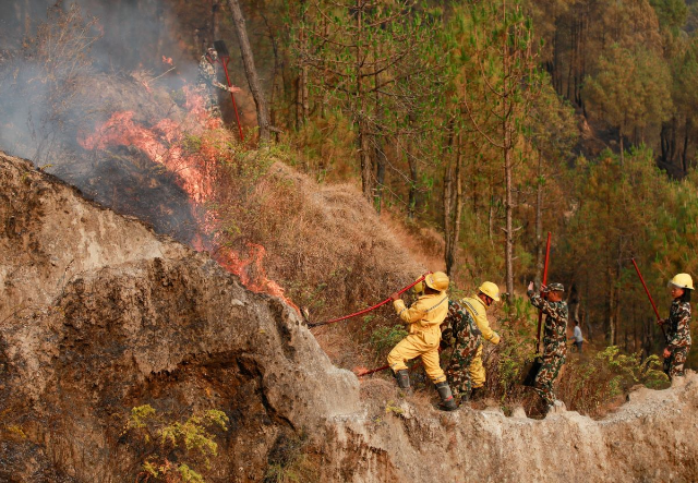 Members of Nepal's army try to control a forest fire at Shivapuri National Park overlooking Kathmandu, Nepal April 11, 2021. REUTERS/Navesh Chitrakar