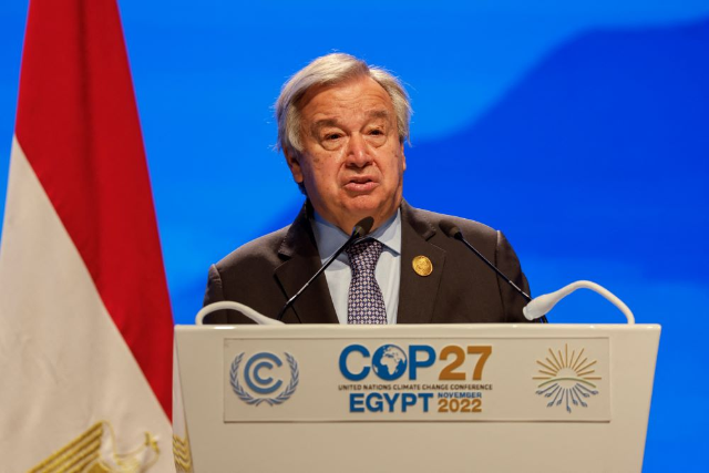 Secretary-General of the United Nations Antonio Guterres speaks as he attends the COP27 climate summit at the Red Sea resort of Sharm el-Sheikh, Egypt, November 9, 2022. REUTERS/Mohammed Salem