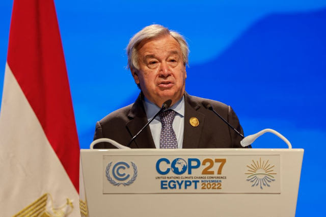 Secretary-General of the United Nations Antonio Guterres speaks as he attends the COP27 climate summit at the Red Sea resort of Sharm el-Sheikh, Egypt, November 9, 2022. REUTERS/Mohammed Salem