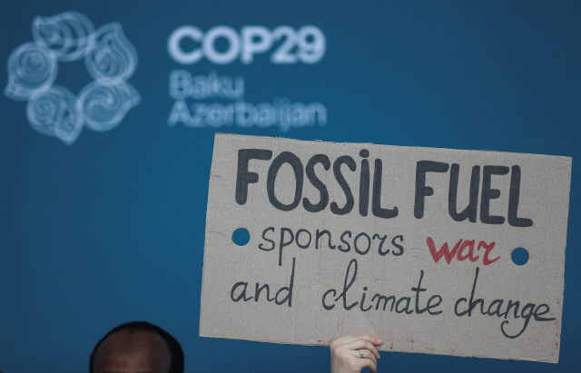 An environmental activist protests against the use of fossil fuels during the United Nations Climate Change Conference (COP29), in Baku, Azerbaijan November 14, 2024. REUTERS/Aziz Karimov
